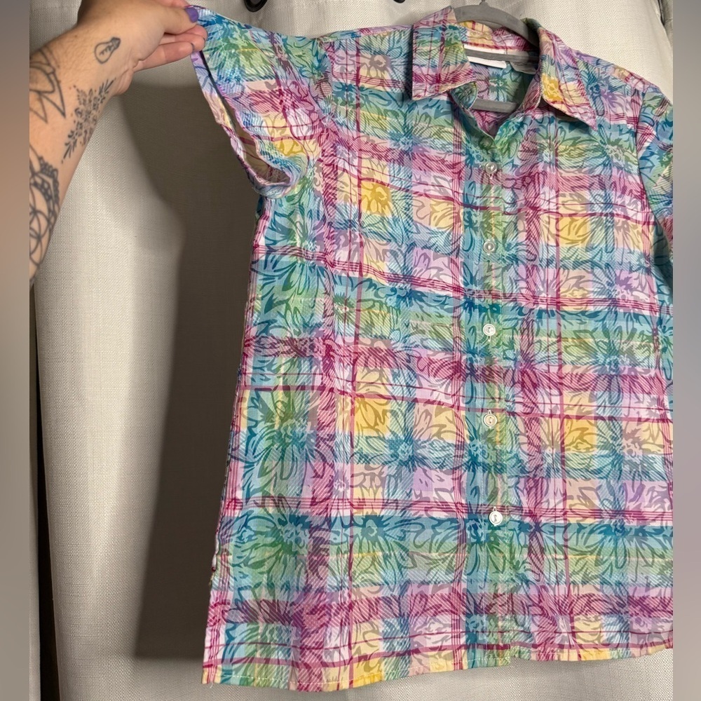 Vintage Alfred Dunner Colorful Plaid Floral Semi Sheer Button Up Oversize Small - Picture 4 of 9
